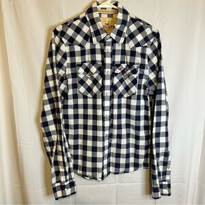 Hollister Navy and White Checkered Shirt with Pearl Buttons, Embroidered Logo